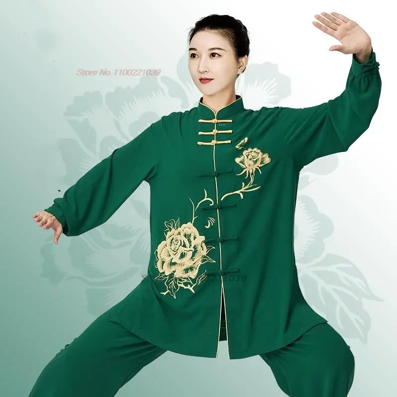

2024 chinese kung fu tai chi clothing martial arts clothes taijiquan wushu uniform national flower prin team competition set