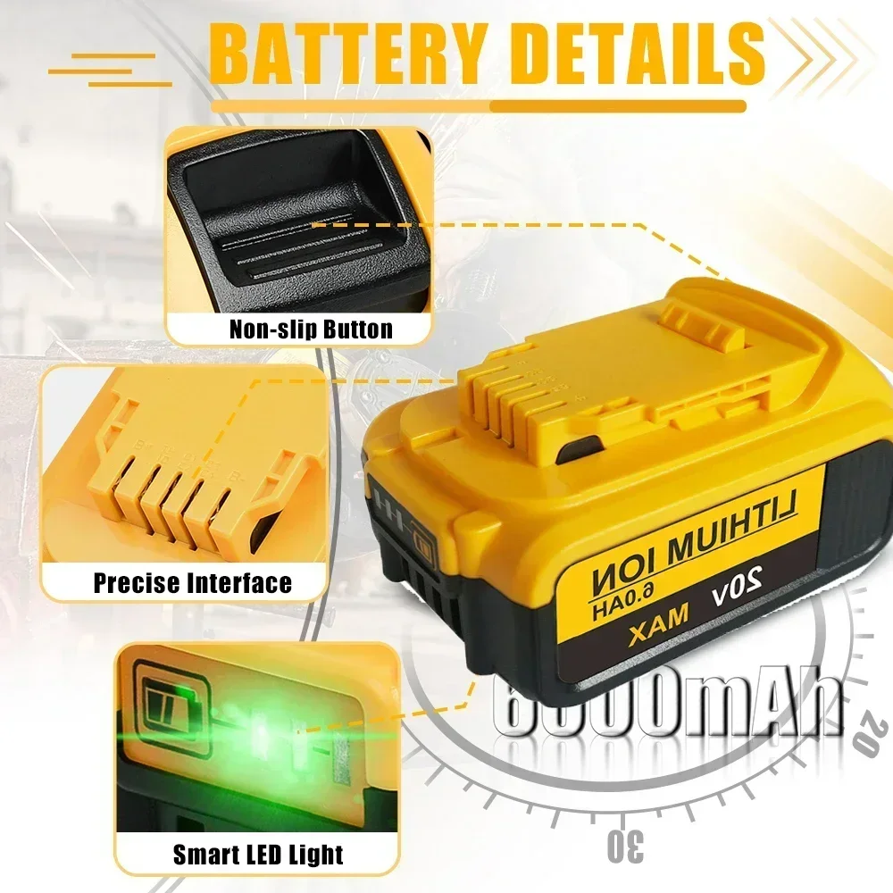 

100% Original 20V 6.0Ah MAX Battery Power Tool Replacement for DeWalt DCB184 DCB181 DCB182 DCB200 20V 8A 6A 18Volt 20v Battery