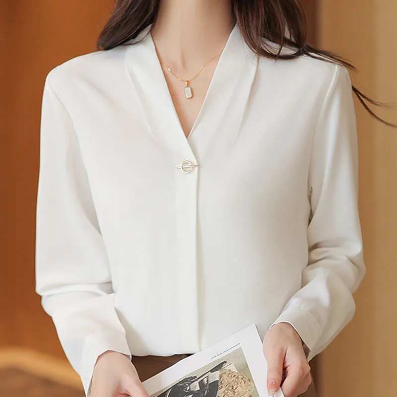 

2022 Spring New Chiffon White Long Sleeve Shirt Women Tops and Blouses Spliced V-Neck Pullover Blusas Female Elegant Solid 2776