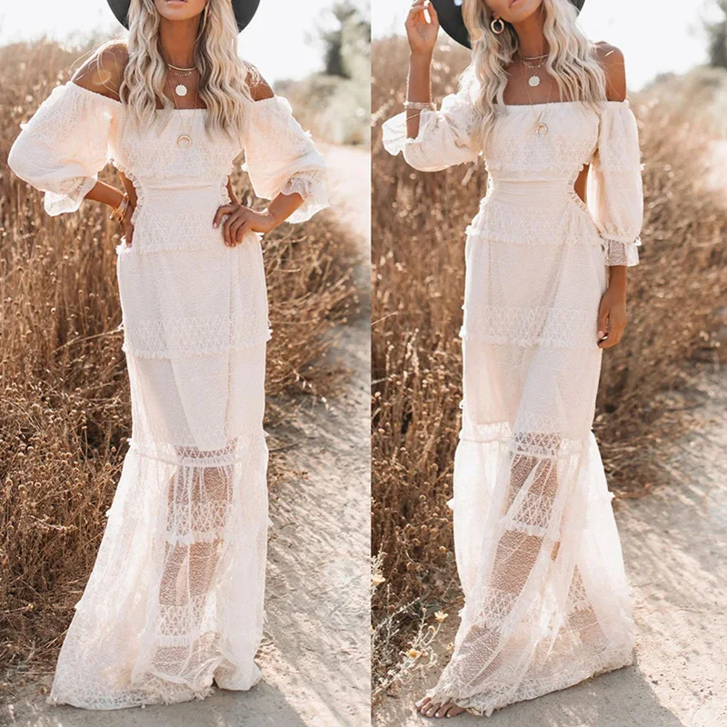 Elegant Lace Patchwork Slash Neck Party Dress Fashion Half Sleeve Mesh Wedding Dress 2023 Sexy Backless Tassel Women Long Dress 
Elegant Lace Patchwork Slash Neck Party Dress Fashion Half Sleeve Mesh Wedding Dress 2023 Sexy Backless Tassel Women Long Dress