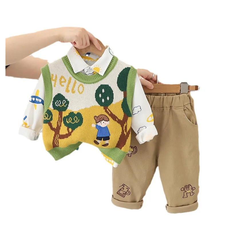 

Spring and Autumn Fashion Baby Boy Clothes 3Pcs Set Boys Sleeveless Cartoon Sweater + Shirt + Straight Pant Suit 1 2 3 4 5 6Y