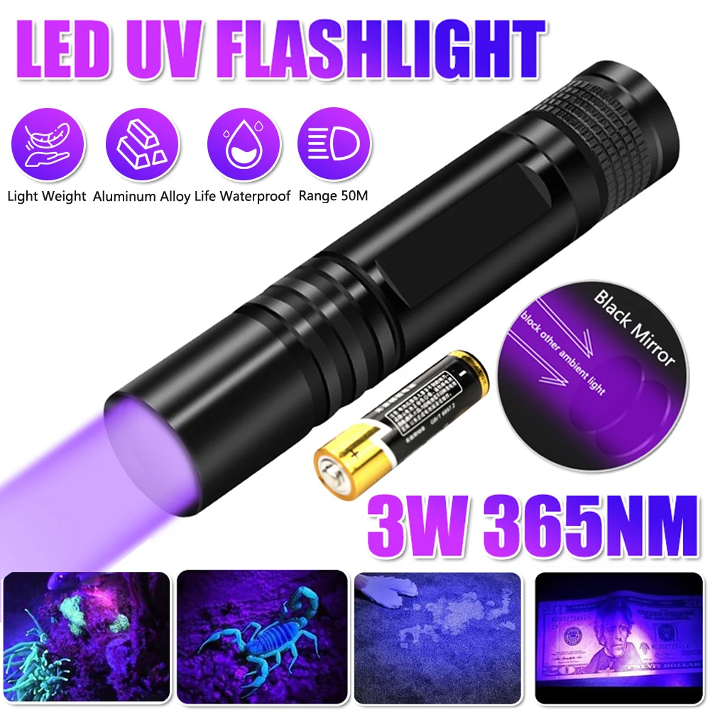 

3W Mini UV Flashlight BlackLight Handheld 365nm Ultraviolet Torch UV Lamp Pet Urine Banknote Resin Curing Detector By AA Battery