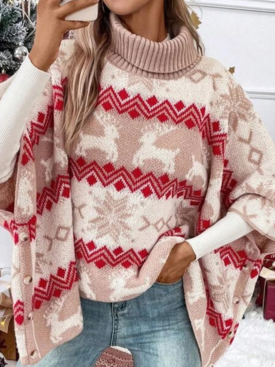 

Women Christmas Sweaters Classic Elk Snowflake Print Batwing Sleeve Turtleneck Pullover Knit Tops