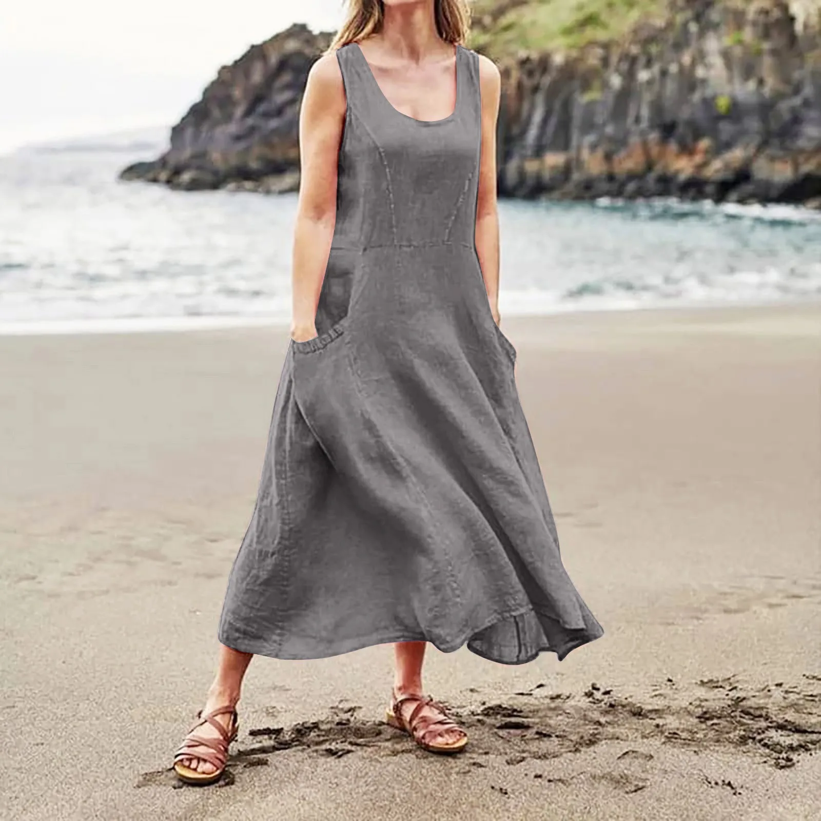 

Black Dress Women Fashion Casual Dresses Solid Colour Sleeveless Cotton Linen Pocket Dresses Summer Dress 드레스 فستان العيد2024