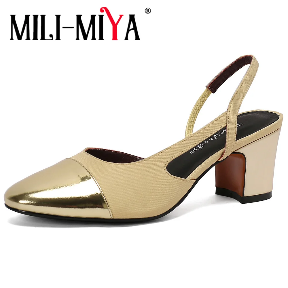 

MILI-MIYA Classic Slingback Mixed Color Splicing Women Cow Leather Pumps Round Toe Thick Heels Slip On Dress Party Shoes