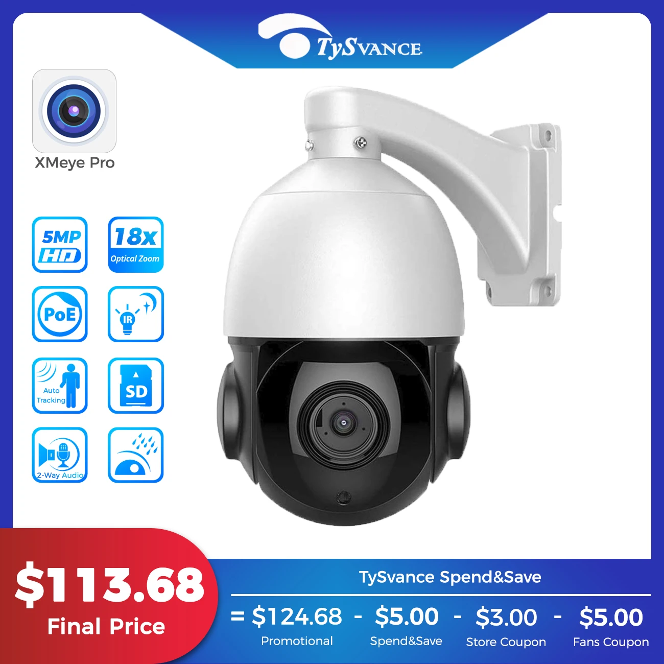 

5MP IP Camera Outdoor PTZ 30X Zoom Auto Tracking CCTV Onvif H.265 Dome POE Two Way Audio Security Camera SD Card Slot XMeye