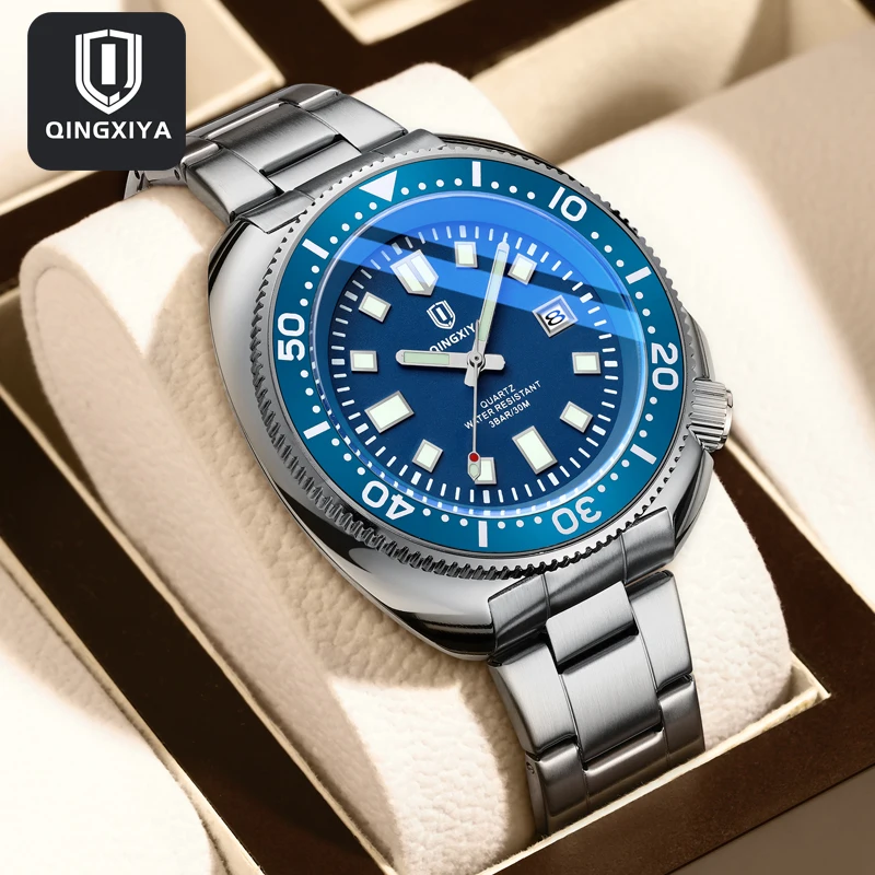 

QINGXIYA Brand Fashion Classic Blue Quartz Watch Men Luxury Stainless Steel Waterproof Calendar Mens Watches Relogio Masculino
