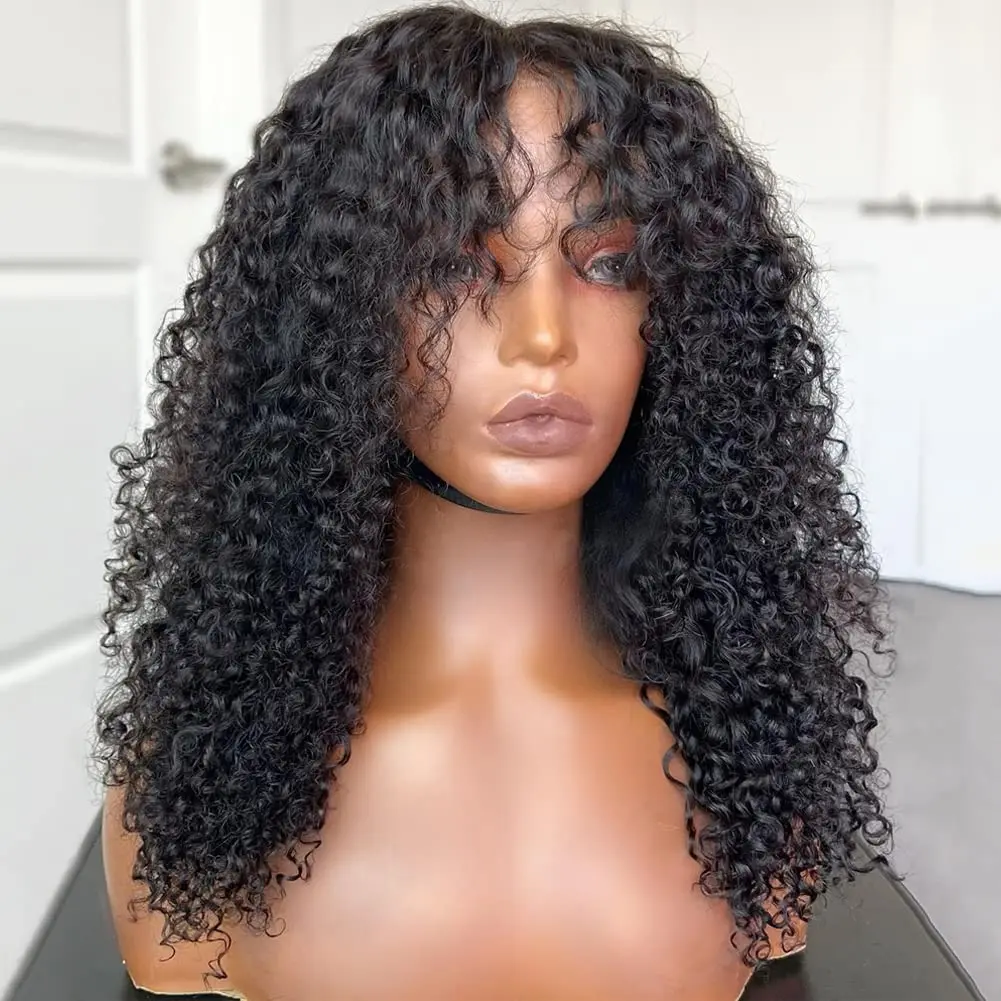 

Curly Wig With Bangs Virgin Glueless None Lace Front Wig Kinky Curly Human Hair Wig with Bangs 12A Curly Wave Human Hair Wigs