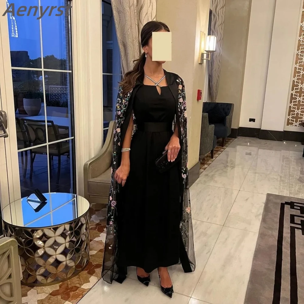 

Женское вечернее платье до щиколотки Aenyrst, роскошное платье без рукавов с блестками, украшенное бусинами и цветами, официальное черное платье в стиле Саудовской Аравии