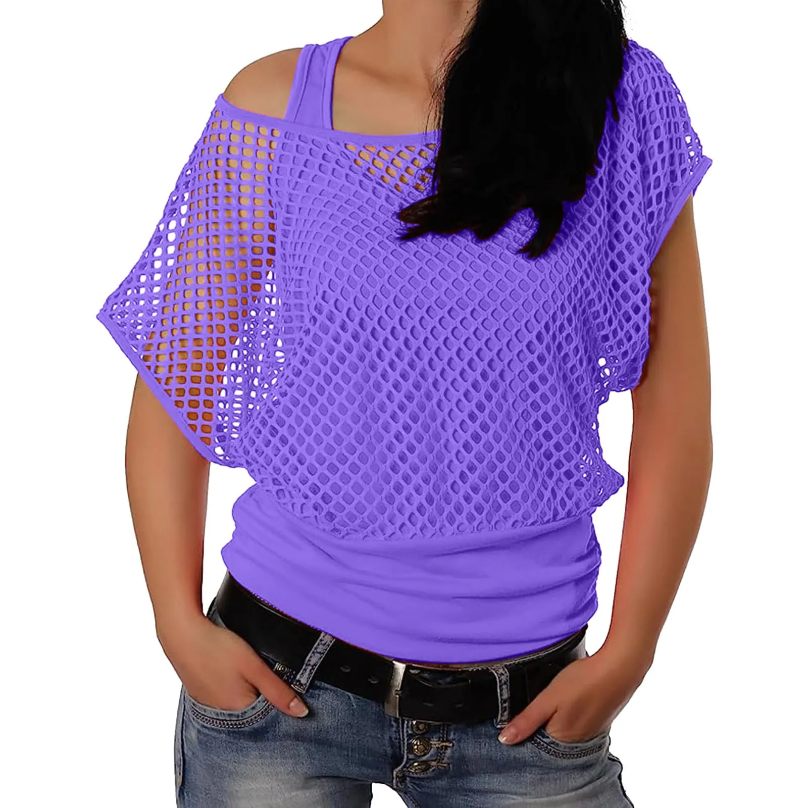 

Womens 80s T Shirts Vintage Neon Fishnet Mesh Top Off Shoulder Tops For Women Party Ball Short Sleeve Two Piece T Shirt Hot Pink