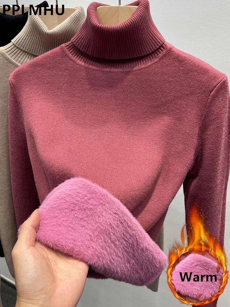 

Turtleneck Sweater Women Winter Thick Plush Fleece Lined Knit Pullover Warm Soft Knitwear Jumper Slim Sueter Long Sleeve Tops