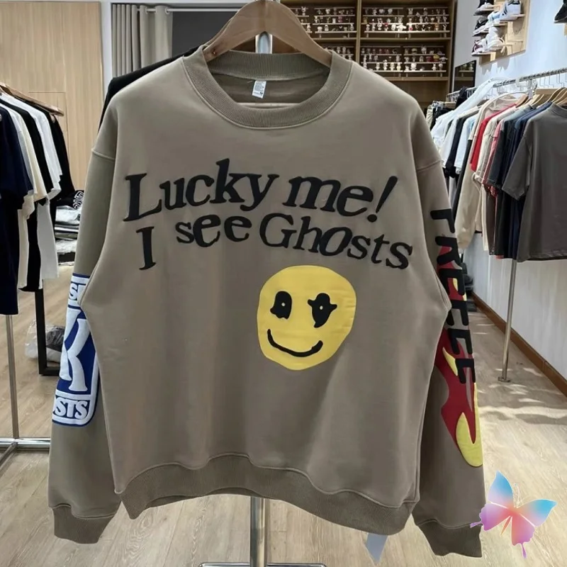 

Stock Vintage Street Heavyweight I See Ghosts Foam Print Hoodies Men Women Round Neck Pullover Oversized Kanye CPFM Sweatshirts