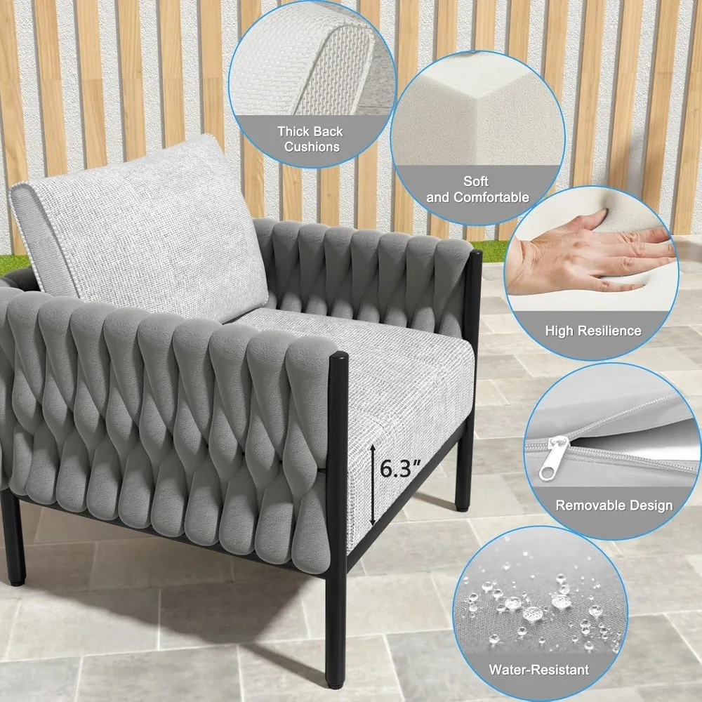 5-Piece Modern Metal Patio Furniture Set - Rope-Woven Outdoor Deep-Seat Conversation Sofa with 6.3