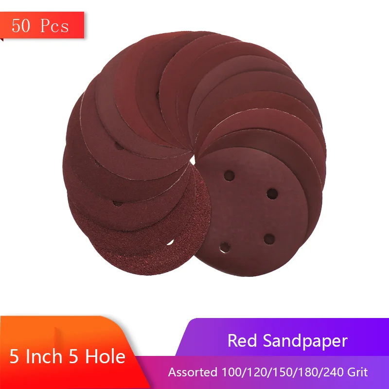 

5 Inch 5 Holes Red Sandpaper 50 Pcs Assorted 100/120/150/180/240 Grit for Polishing and Finishing Non-metal Wood Paint Rubber