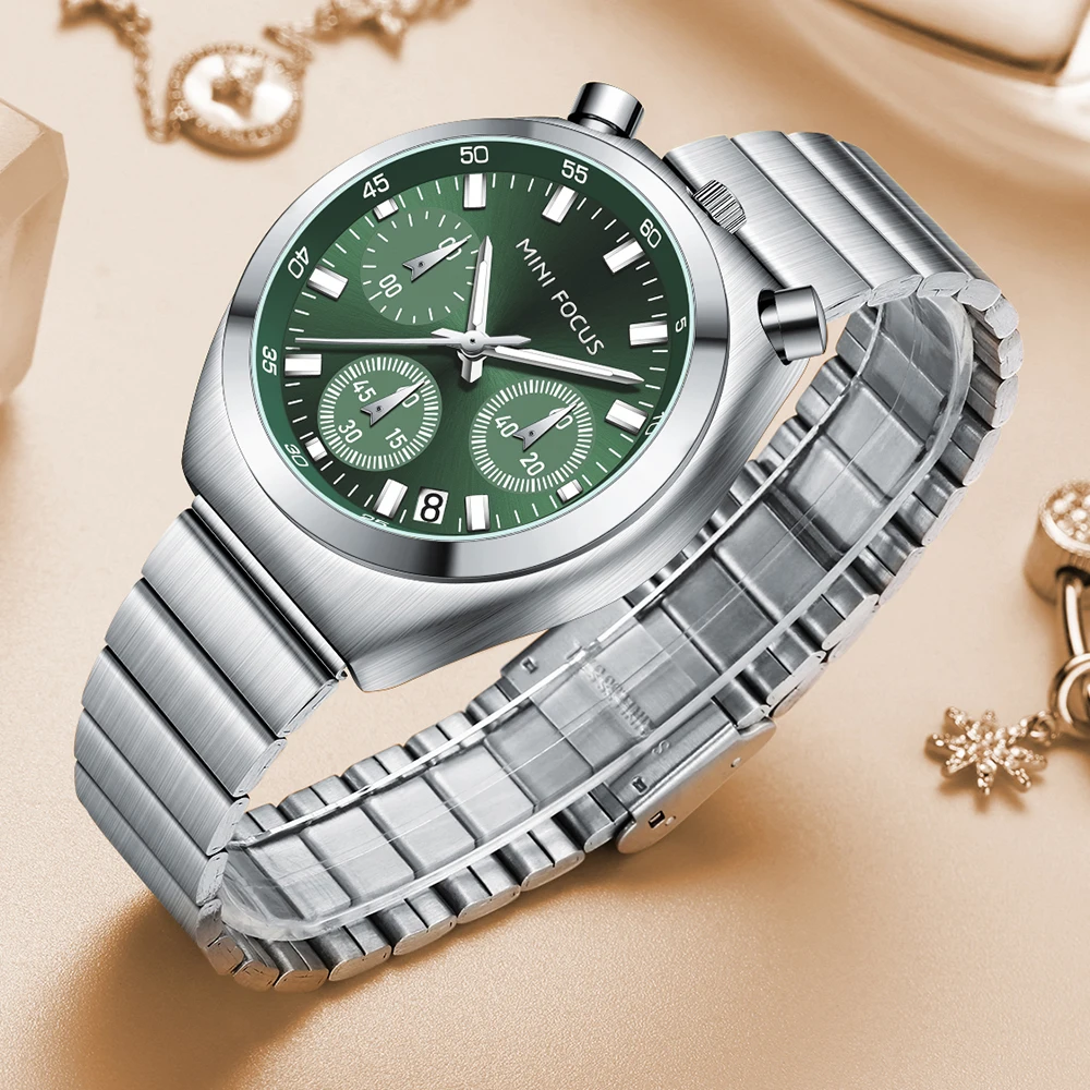 

MINI FOCUS Silver Green Quartz Watch for Women Fashion Stainless Steel Band Chronograph Wristwatch with Luminous Hands Date 0491