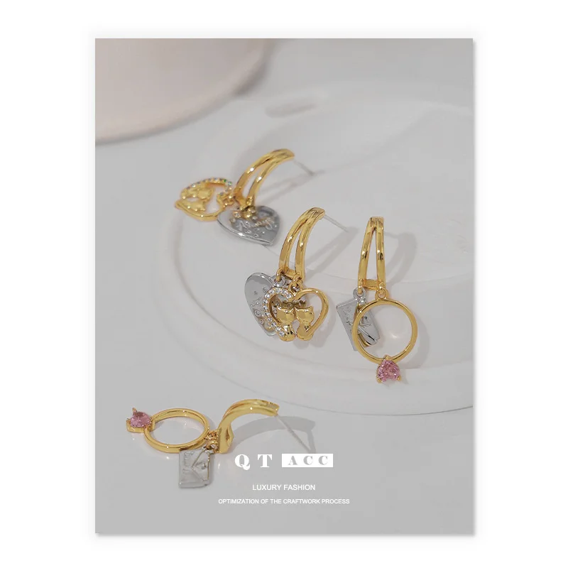 

Brass Plated 18k True Gold/Platinum Ins Style Fashion Korean Minority Versatile Zircon Heart Earrings and for Women