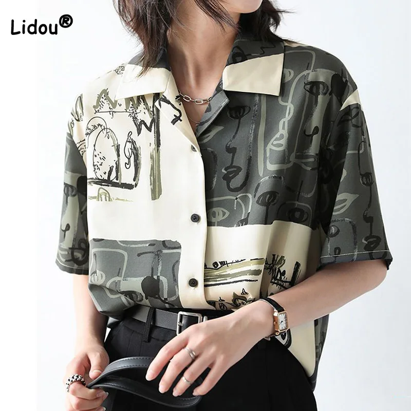 

Женская винтажная Свободная блузка в гонконгском стиле с коротким рукавом и принтом граффити, летняя рубашка с отложным воротником и пуговицами