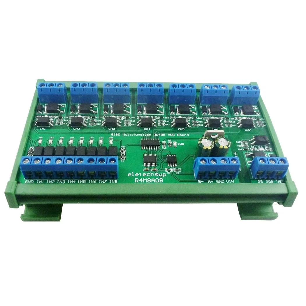 

DC6-24V 5A 8I8O Multifunction Modbus RTU MOSFET Module Support 03 06 16 Function Code RS485 Switch Control Board DIN35 Rail Box