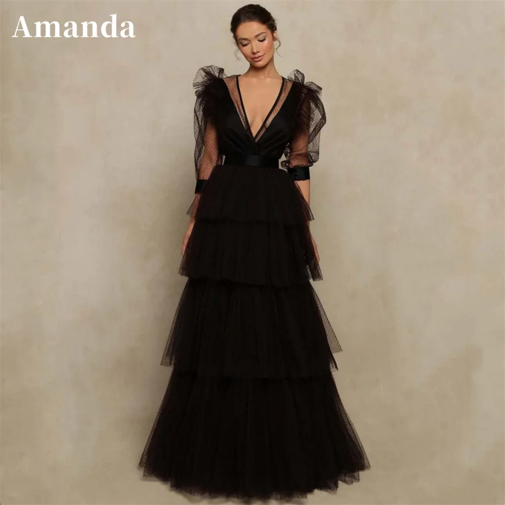 

Amanda Black Multilaye Evening Dress Sexy Puffy Sleeve Prom Dress 2023 Sexy A-line Party Dress Pleats فساتين مناسبة رسمية