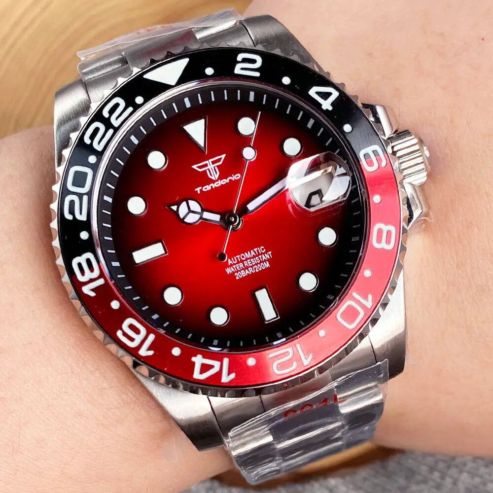

Tandorio New 40mm Wine Red Dial Unidirectional Rotate Ceramic Bezel Japan NH35A Water Ghost Diving Watch For men 200m waterproof