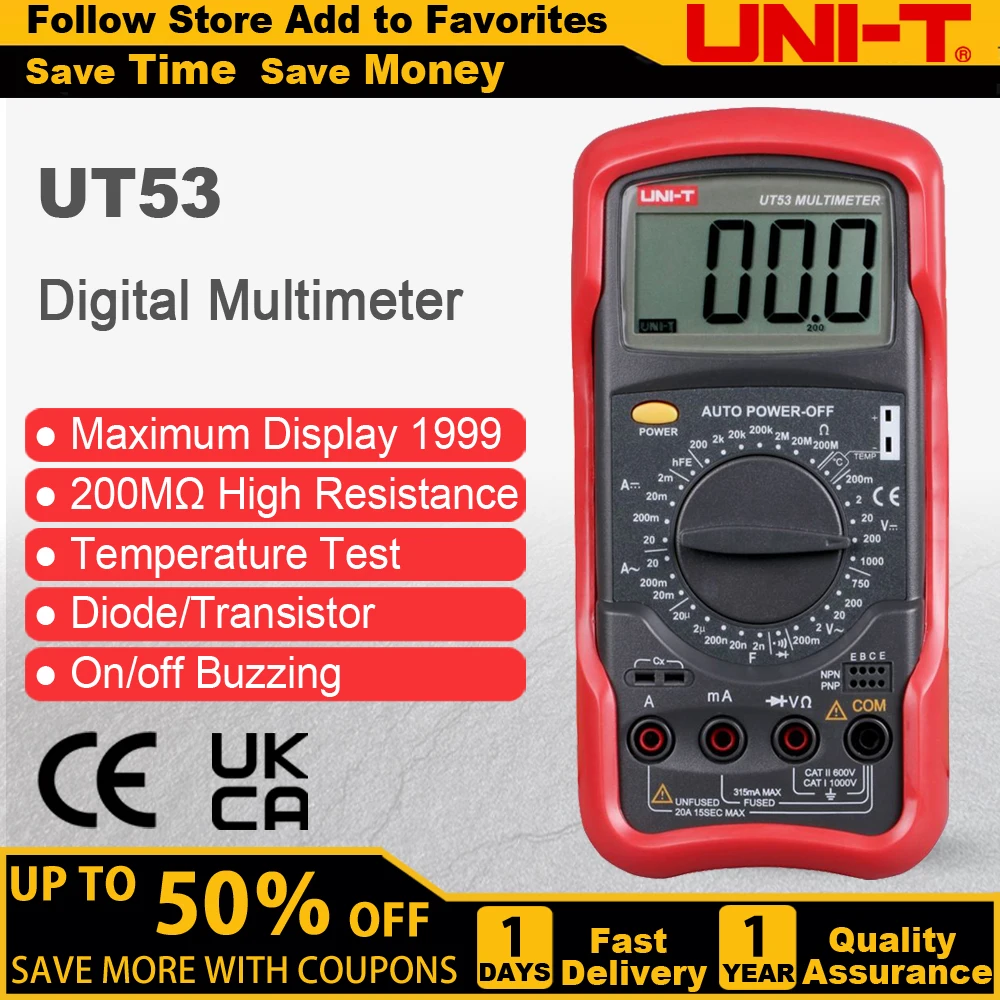 UNI-T UT53 digital multimeter resistance measurement diode/transistor test digital display AC/DC multimeter Ammeter
UNI-T UT53 digital multimeter resistance measurement diode/transistor test digital display AC/DC multimeter Ammeter