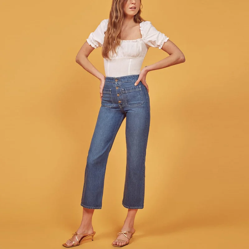 High Waist Slim Straight Jeans Women's Front Buckle Double Pocket Retro Commuter Easy Match Blue Ankle-Length Trousers
High Waist Slim Straight Jeans Women's Front Buckle Double Pocket Retro Commuter Easy Match Blue Ankle-Length Trousers
