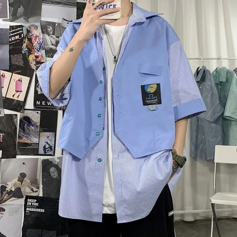 Fake Two Shirt Men Summer Short-Sleeved Loose Patchwork Stripe Chemise Homme Fashion Casual Button Blusas Tops Vintage Clothes
Fake Two Shirt Men Summer Short-Sleeved Loose Patchwork Stripe Chemise Homme Fashion Casual Button Blusas Tops Vintage Clothes