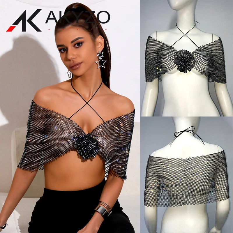 

Cute 3D Flower Sparkly Crystal Sheer Mesh Women Halter Tank Tops Beachwear Party Goth Camis Nightclub Vest Sexy Low Cut Crop Top