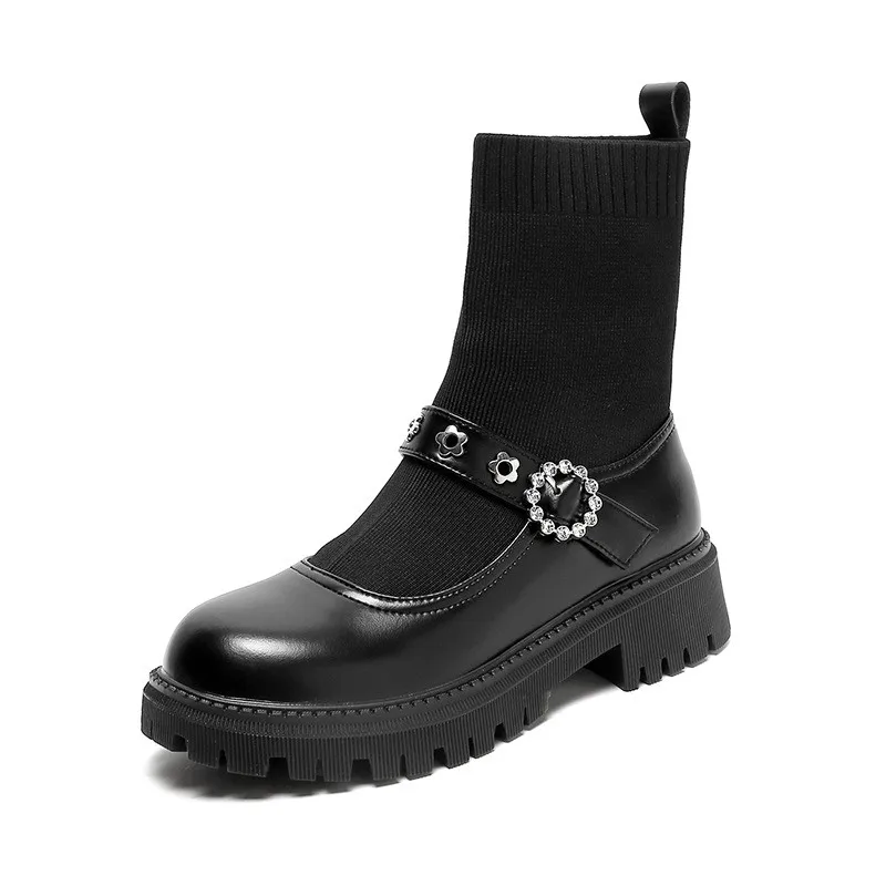

Демисезонные черные ботинки средней длины, обувь для женщин, новинка, ботинки из искусственной кожи с длинными носками, кожаные ботинки на толстой подошве