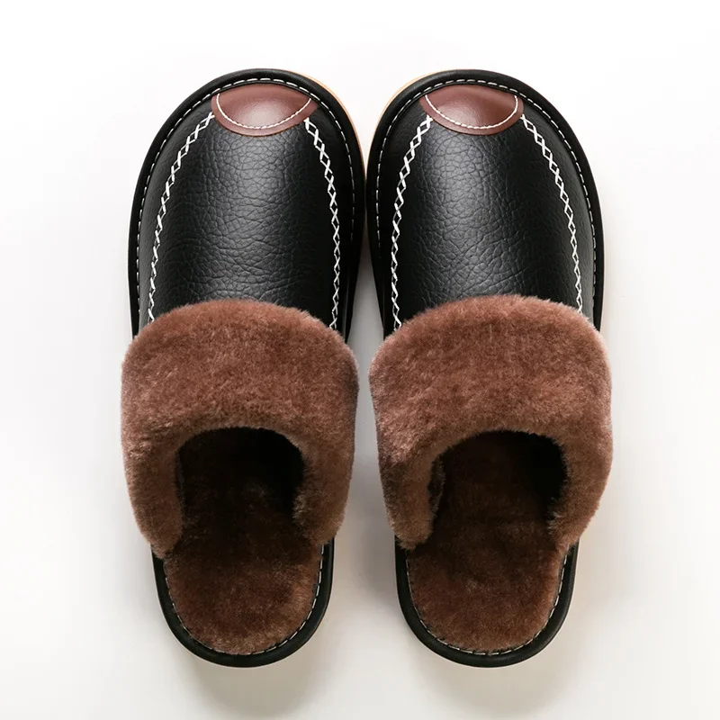 

FONGIMIC Men Slippers Black New Autumn PU Leather Slippers Warm Indoor Slipper Waterproof Home Shoes Men Warm Leather Slippers