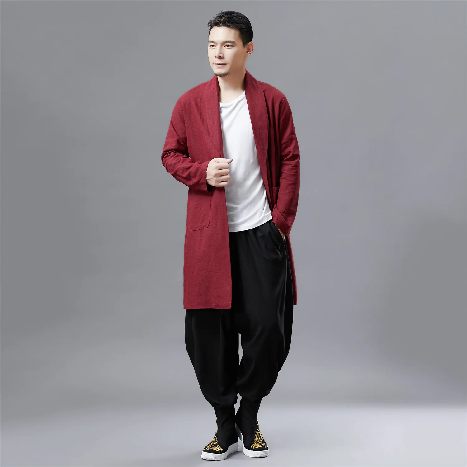 

Windbreaker Vintage Tai Ji Suit Martial Arts Kung Fu Performance Stand Collar Men's Mid-Length Solid Color Cardigan Slim Fit