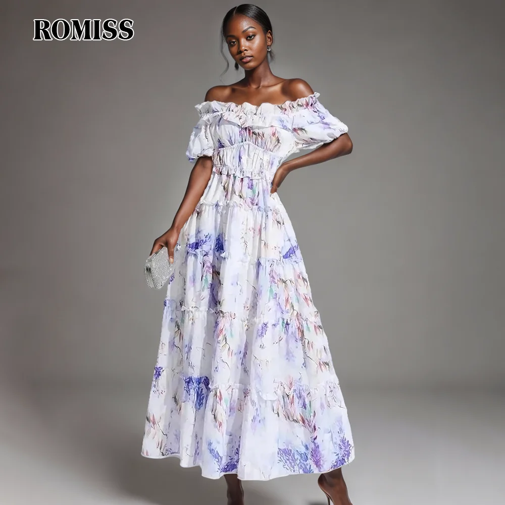 

ROMISS Printing A Line Dress For Women Slash Neck Short Sleeve High Waist Off Shoulder Elegant Hit Color Midi Dresses Female