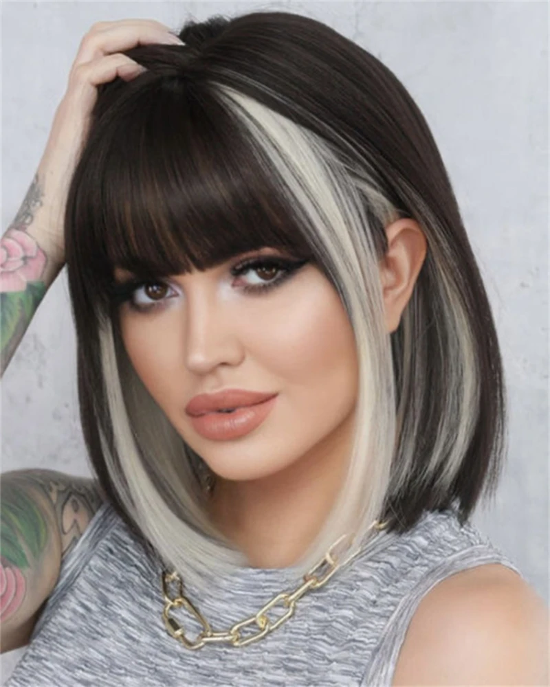 

Natural White Bob Wig with Bangs Black Highlights Blonde Bob Wigs for Women Straight Natural and Stylish Synthetic Wig for Daily