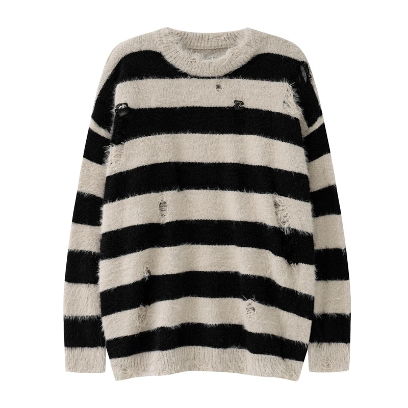 Fashionable Striped Perforated Round Neck Sweater for Men's Casual Loose and Comfortable Pullover Couple High Street Simple Knit
Fashionable Striped Perforated Round Neck Sweater for Men's Casual Loose and Comfortable Pullover Couple High Street Simple Knit