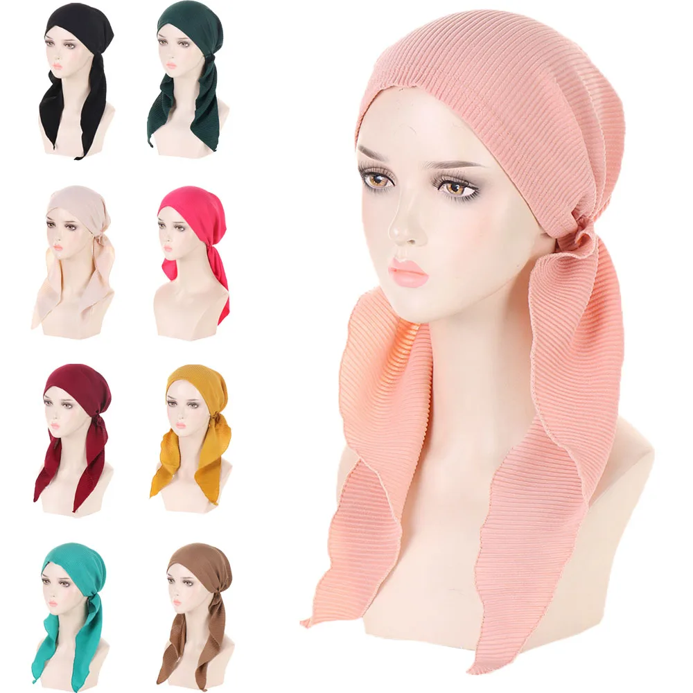 

New Muslim Women Pre-Tied Headscarf Cap Female Turban Cancer Chemo Hat Hair Loss Cover Head Wrap Headwear Stretch Bandanas Hijab