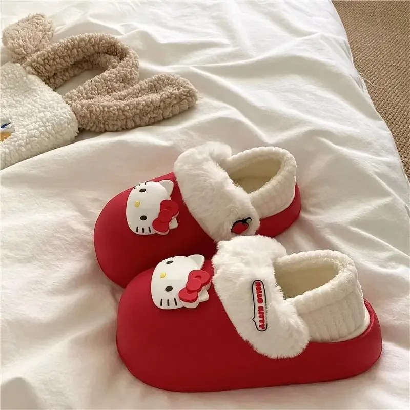 

Miniso Sanrio Christmas Cute Hellokitty Cotton Slippers Women's Bag Winter Match Fleece-lined Warm Waterproof Removable Fluffy