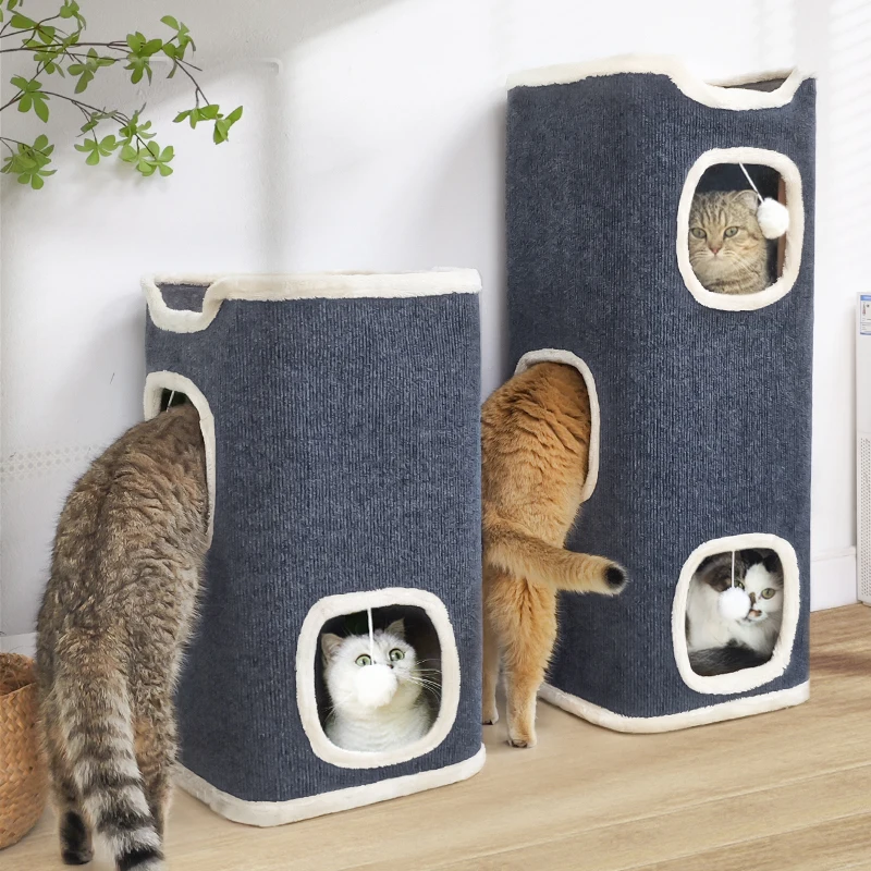 

Cat Beds for Indoor Cats Cube Pet House Covered Cave with Scratch Pad Large Hideaway Cat Tent with Fluffy Ball Hanging