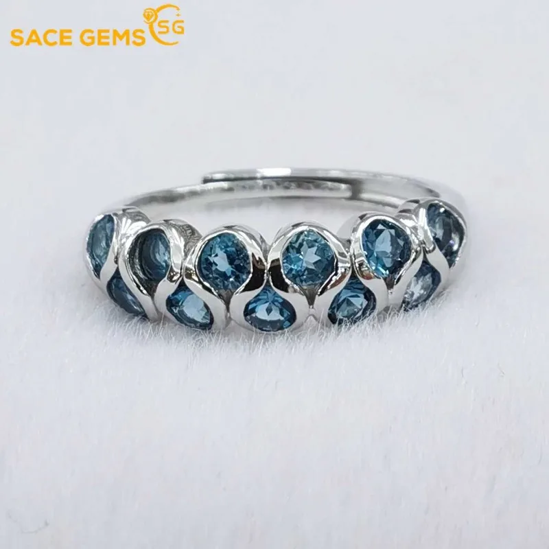 

SACE GEMS 925 Sterling Silver 3mm Natual London Blue Topaz Luxury Rings for Women Created Wedding Engagement Band Fine Jewelry