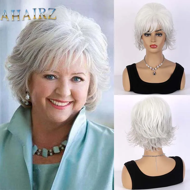 

Synthetc Wigs for Women Ombre Gray White Short Hair Curly Wig with Bangs Layered Haircut Mommy Hairstyle Old Lady Wig