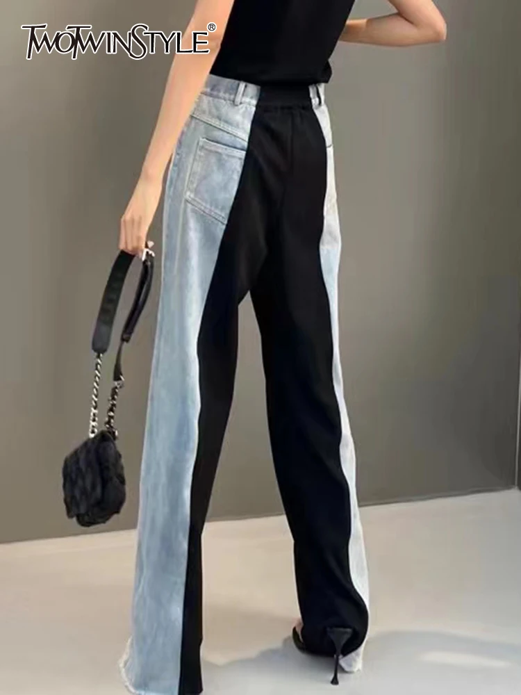 TWOTWINSTYLE Colorblock Denim Pants For Women High Waist Spliced Pockets Wide Leg Long Trousers Female Clothing Fashion Summer
TWOTWINSTYLE Colorblock Denim Pants For Women High Waist Spliced Pockets Wide Leg Long Trousers Female Clothing Fashion Summer