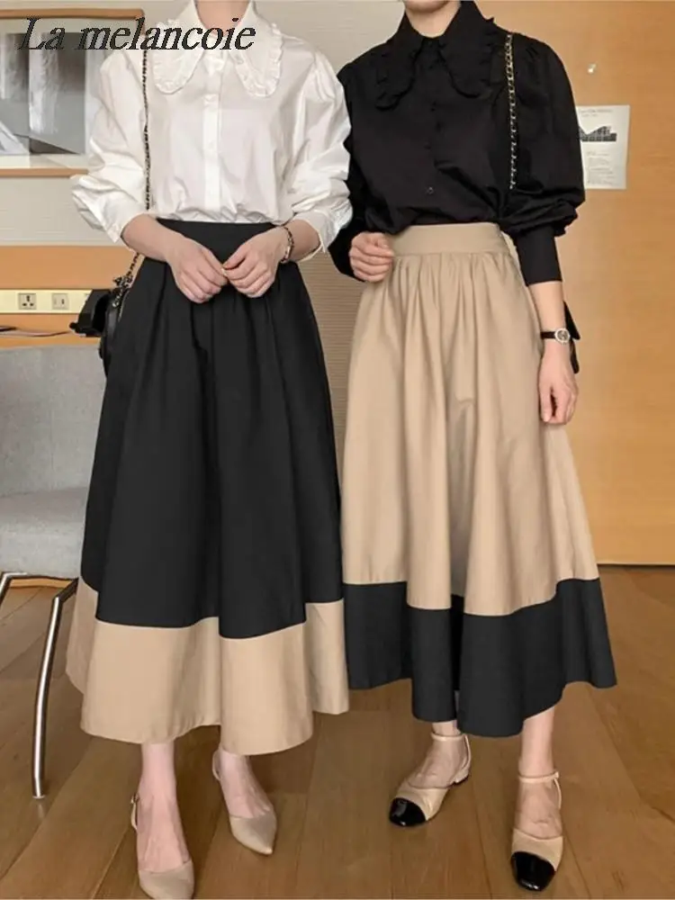 

Elegant Chic Two-piece Set Women 2023 Spring Fashion Puff Sleeve Turndown Collar Buttons Shirt+Elastic Waist Vintage Skirt Suit