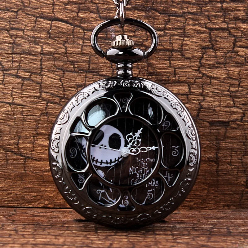 

Top Luxury Hollow Out Black Pumpkin Ball Corpse Face Christmas Eve Horror Theme Pocket Watch Timer Clock