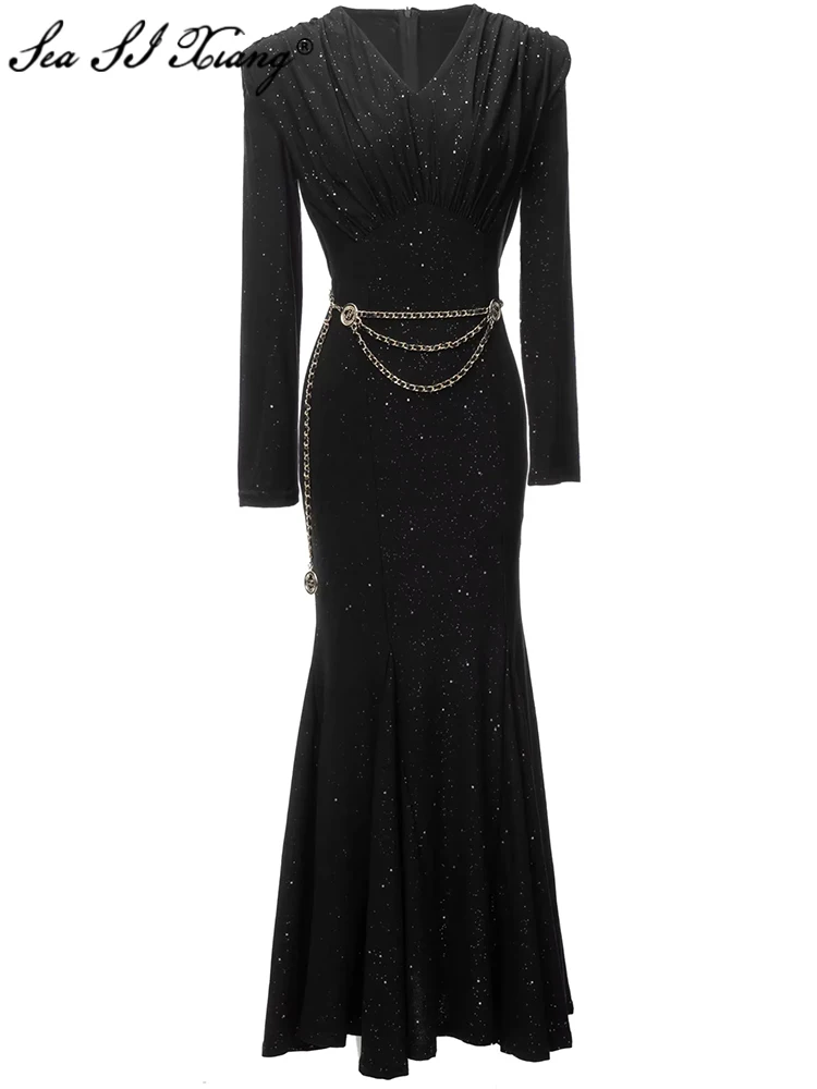 Seasixiang Fashion Designer Spring Mermaid Dress Women V-Neck Long Sleeve Sequins Sequins Chain Belt Elegant Party Dresses
Seasixiang Fashion Designer Spring Mermaid Dress Women V-Neck Long Sleeve Sequins Sequins Chain Belt Elegant Party Dresses