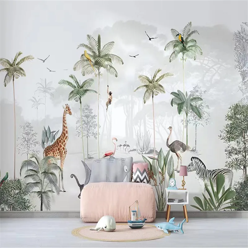 

Milofi Palm Tree Tropical Leaves Wallpaper Kids Room Jungle Nursery 3d Cartoon Background Animal Photo Mural Sticker Decoration