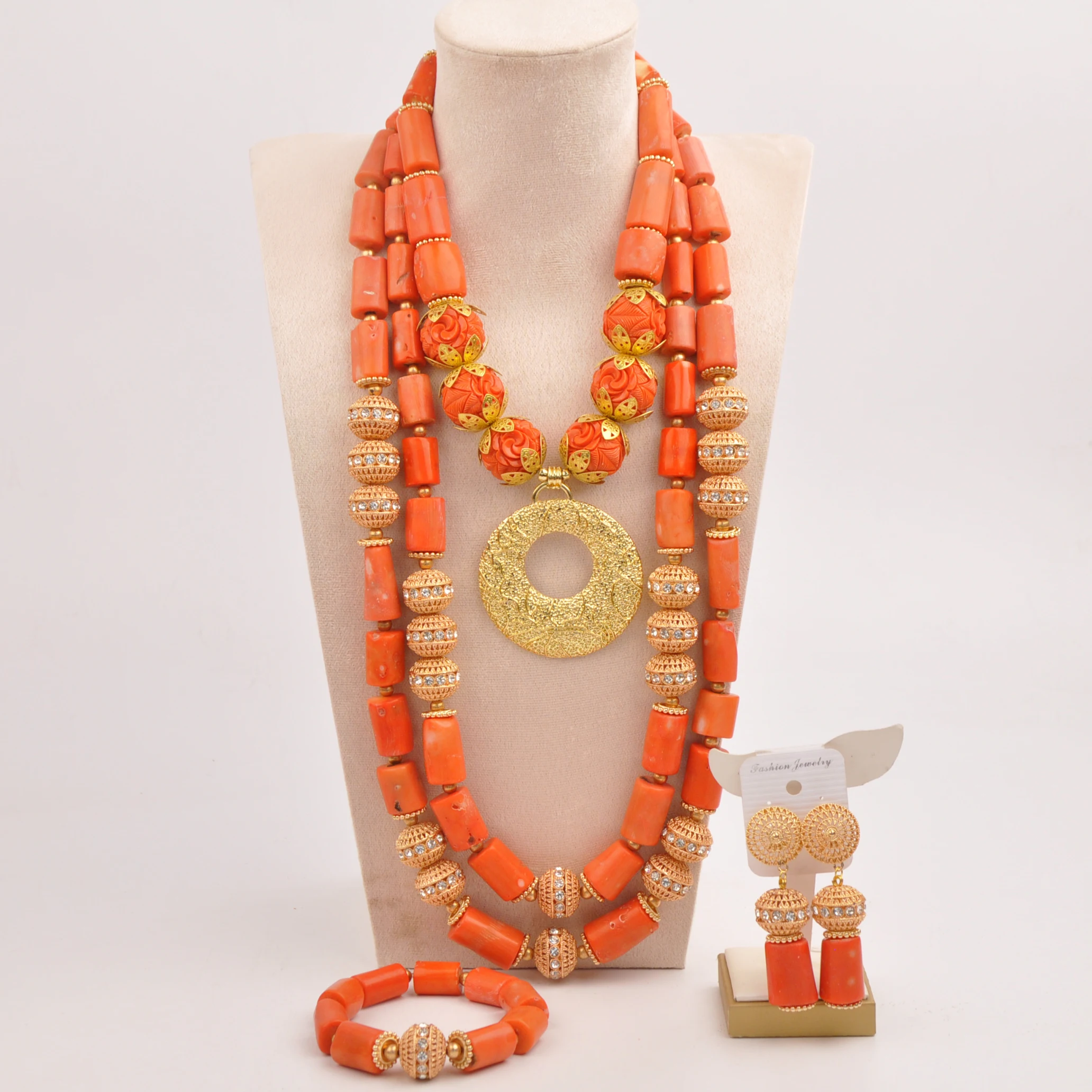 

Luxury Nigerian bride wedding jewelry orange coral necklace African groom wedding jewelry couple set SHXY-13