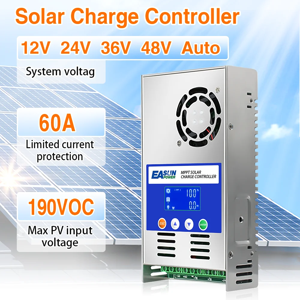 60A MPPT Solar Charge Controller 12V 24V 36V 48V Battery Charge Regulator 60A Solar Controller LCD Max PV 160VDC Input
60A MPPT Solar Charge Controller 12V 24V 36V 48V Battery Charge Regulator 60A Solar Controller LCD Max PV 160VDC Input