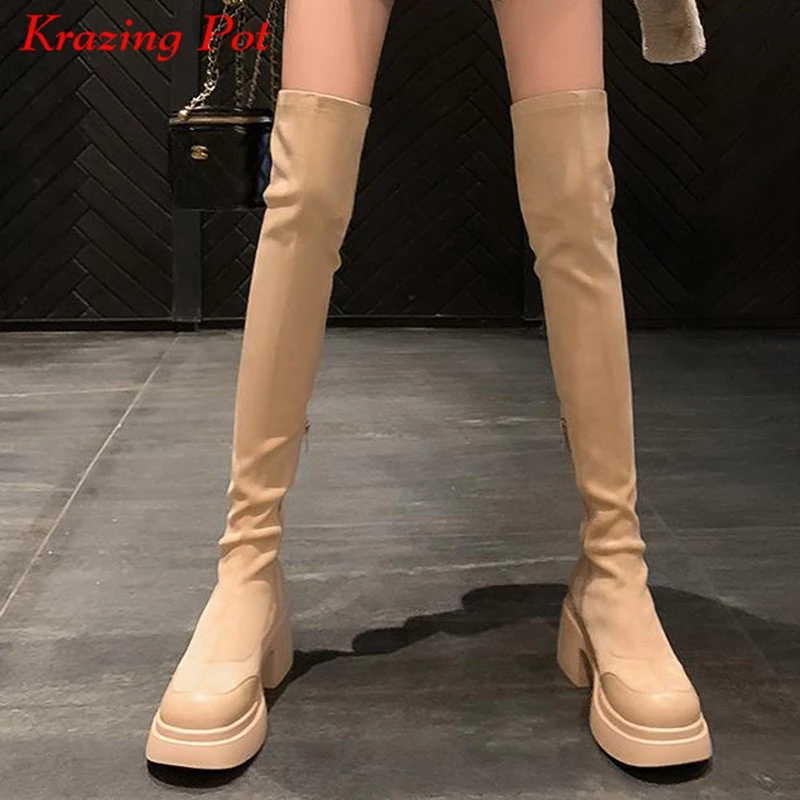 Krazing Pot Cow Leather Flock Round Toe Thick High Heels Platform Boots Winter Keep Warm Elastic Waterproof Over-the-knee Boots
Krazing Pot Cow Leather Flock Round Toe Thick High Heels Platform Boots Winter Keep Warm Elastic Waterproof Over-the-knee Boots