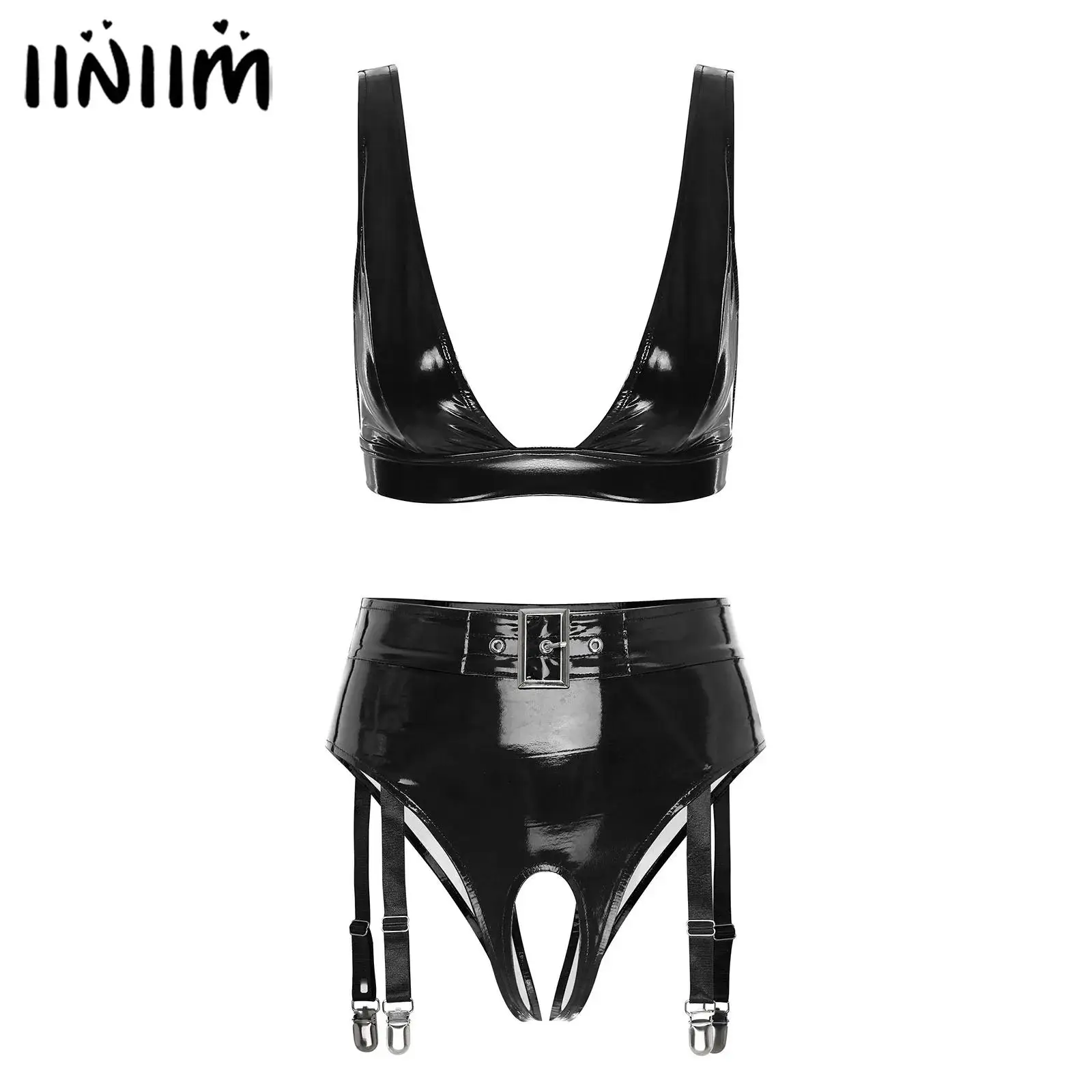 

Womens Wet Look Patent Leather Crotchless Lingerie Set Wide Shoulder Straps Bra Top with High Waist Open Crotch Garter Underwear