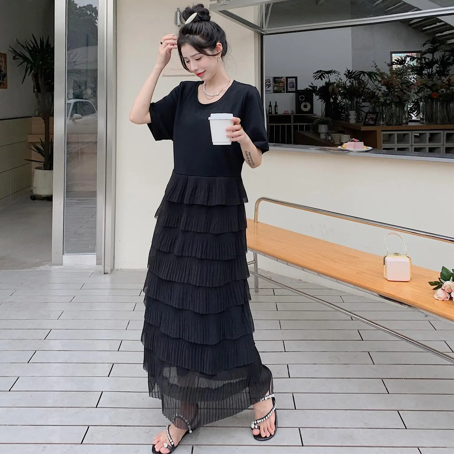 Maternity Black Cake Dress Short Sleeve O-Neck High Waist Cotton Patchwork Pleated Chiffon Dress Pregnant Woman Long Dresses
Maternity Black Cake Dress Short Sleeve O-Neck High Waist Cotton Patchwork Pleated Chiffon Dress Pregnant Woman Long Dresses