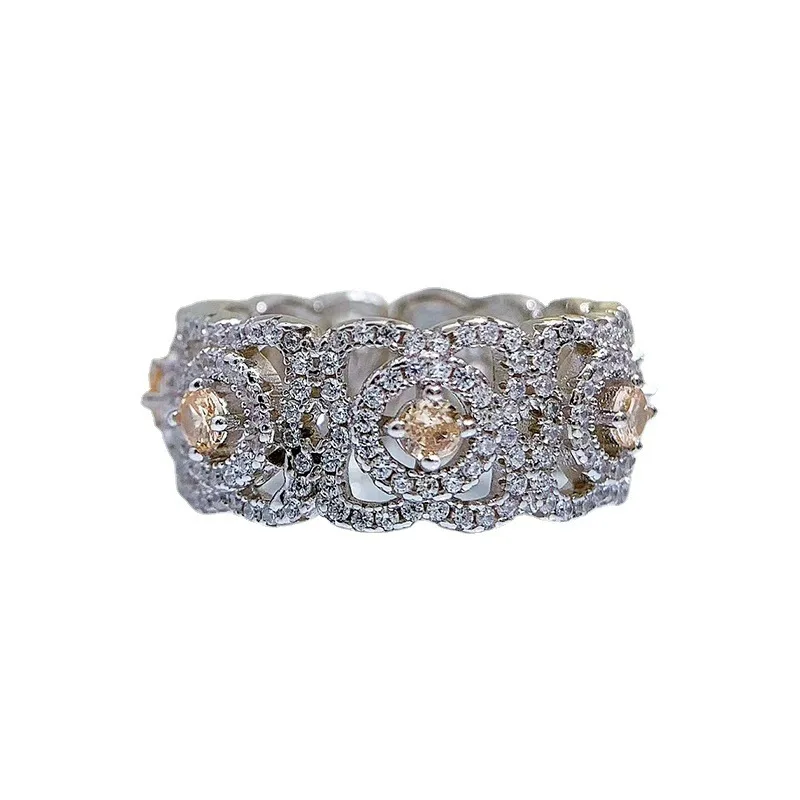 

Серебряное кольцо S925, кольцо цвета шампанского с полным цирконием, женское ювелирное изделие в европейском и американском стиле с холодным ветром
